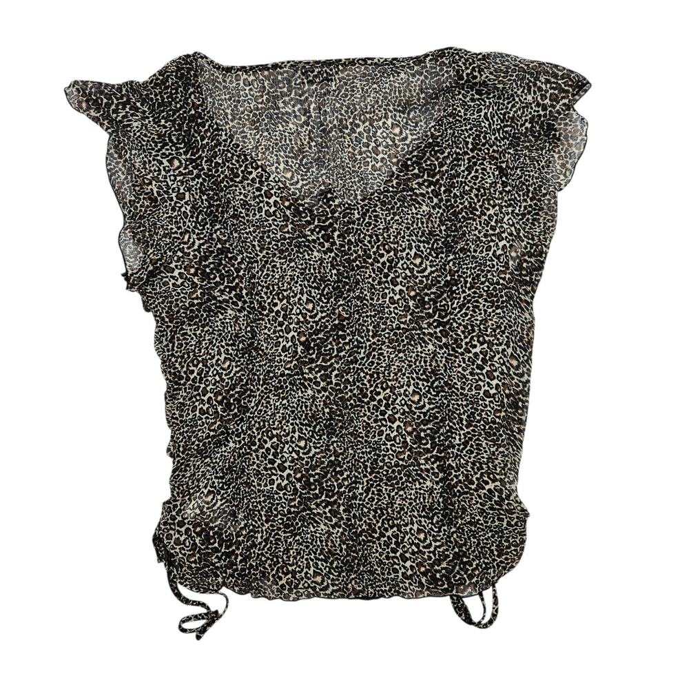 Y2k Leopard Print Top Sheer Ruched Sides Bow Detail - Size Large - Picture 2 of 5